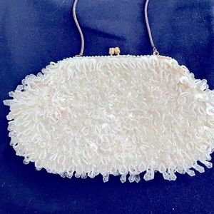 Vintage evening handbag !white and crystal beads for evening wear small size.